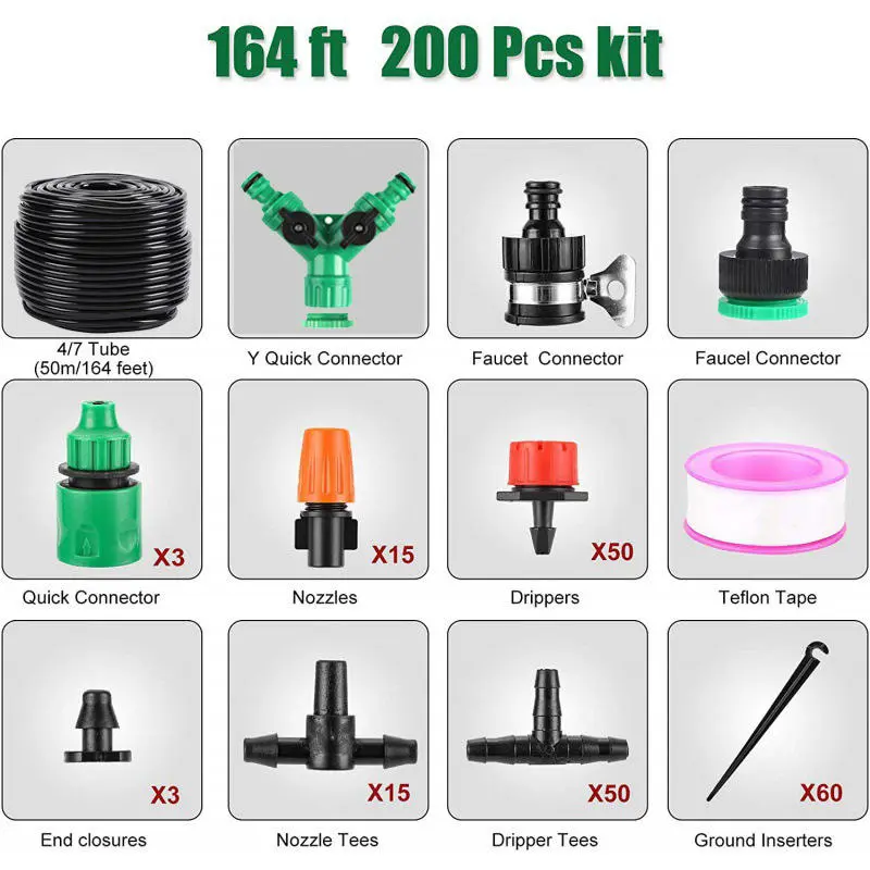 Kit d'irrigation goutte à goutte pour jardin, 200 pièces, longueur 50 m - Image 4